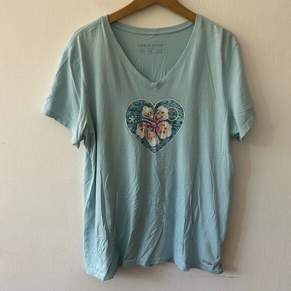 Life is Good Crusher Tee Womens XL Blue Hawaiian Flower Vneck Short Sleeve Top - Picture 1 of 6